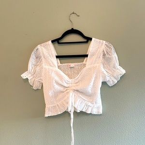 Romwe eyelet crop top, summer, bohemian, surfer, ruched, ruffle, lace, teen